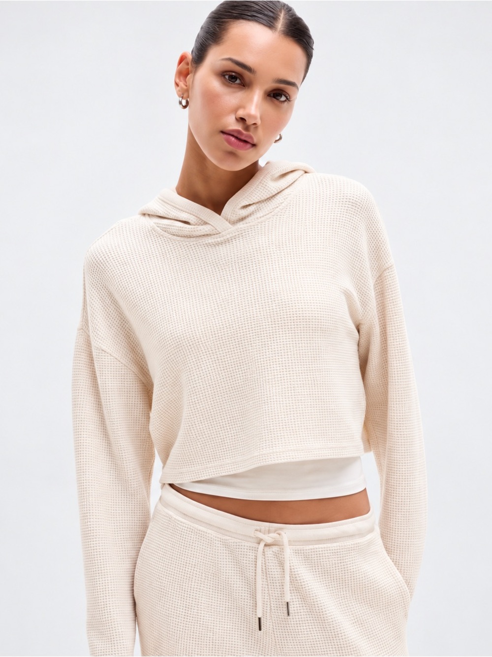Athleta Waffle Knit Cropped Hoodie Ivory Size Large